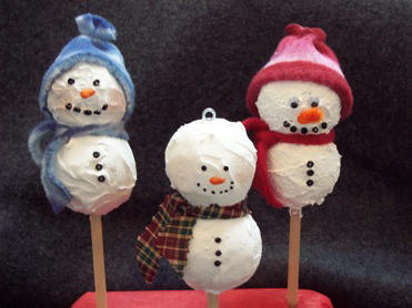 Snowman ornaments crafted from styrofoam